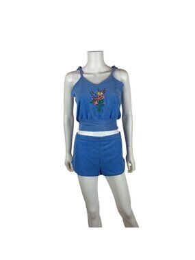Vintage 80s Terry Cloth Set Womens L Blue Flower Embroidery Two Piece Summer Tan